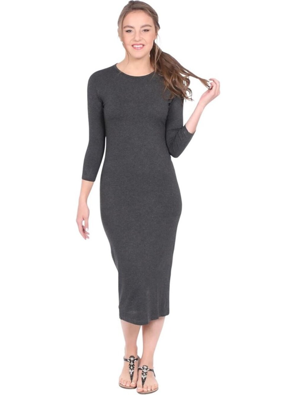 Modest Women's Knee Length 3/4 Sleeve Midi Dress - Perfect for Layering